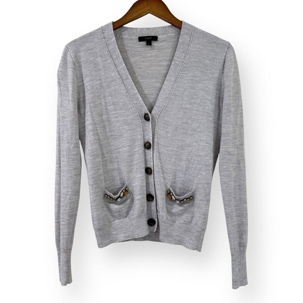 J Crew 100% Merino Wool Jeweled Cardigan S Grey Embellished Quiet Luxury Office